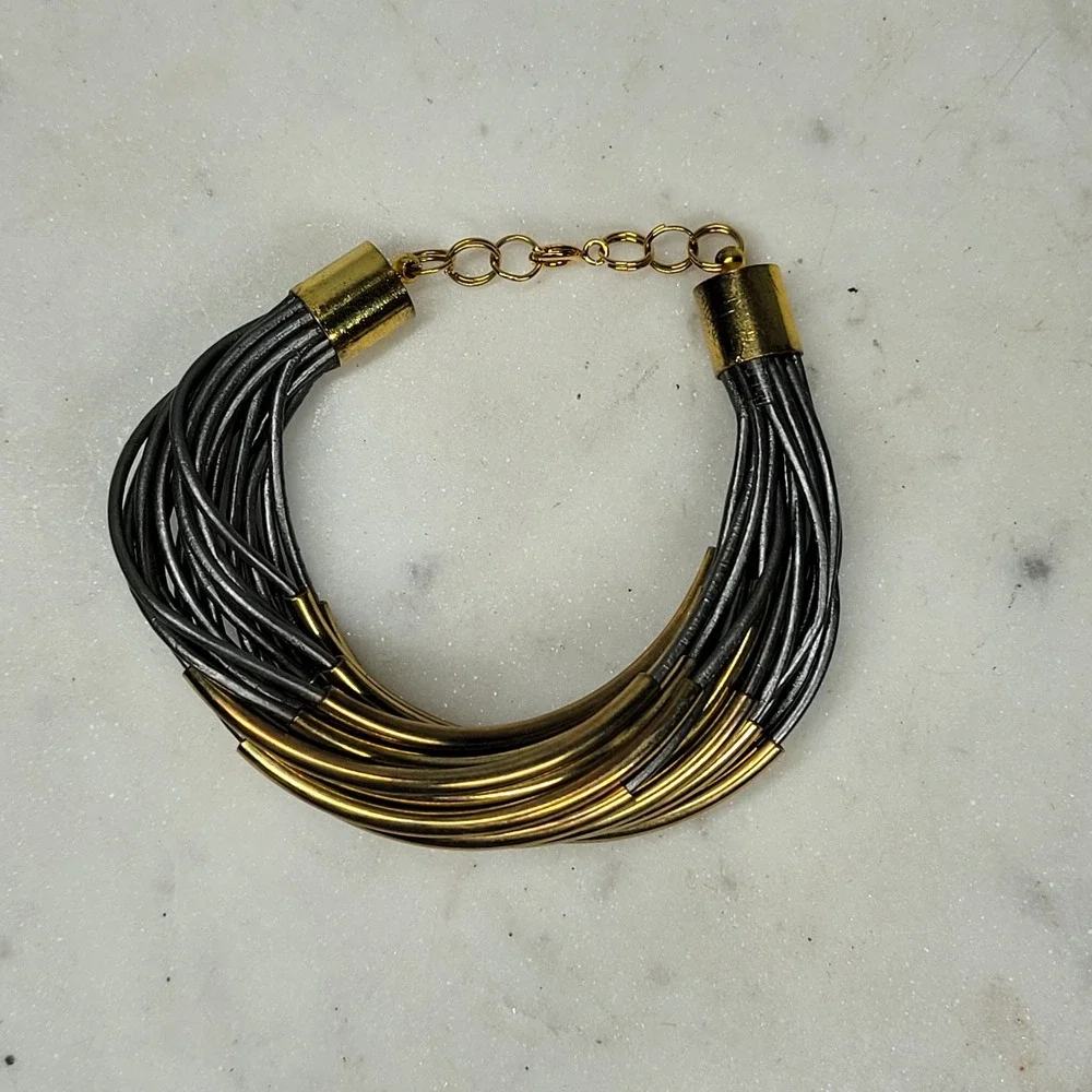 Vintage Multi Strand Leather Band Tube Bracelet Gold Copper Statement 80's